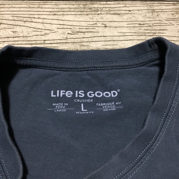 Life Is Good Crusher Tee Women’s L Blue Gray Baseball Just Here For The Hot Dogs - Picture 7 of 9